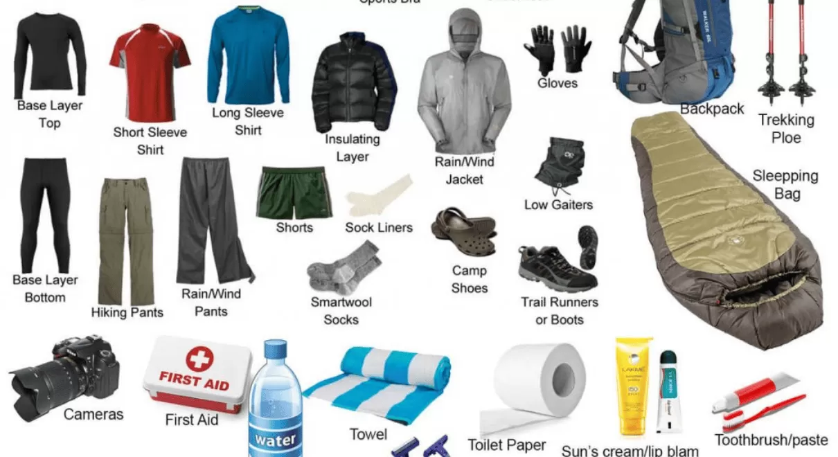 Complete Everest Base Camp trekking equipment checklist with hiking boots, down jacket, and gear
