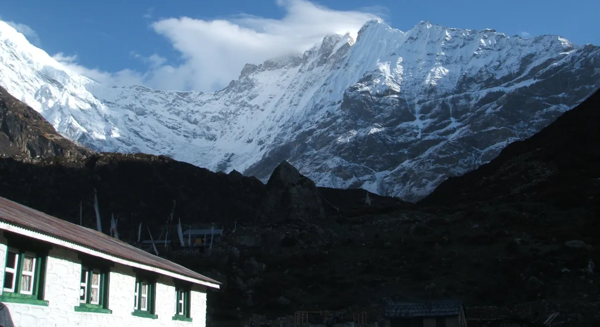Kyanjin Gompa Langtang village with monastery and mountain views in Langtang Valley Nepal