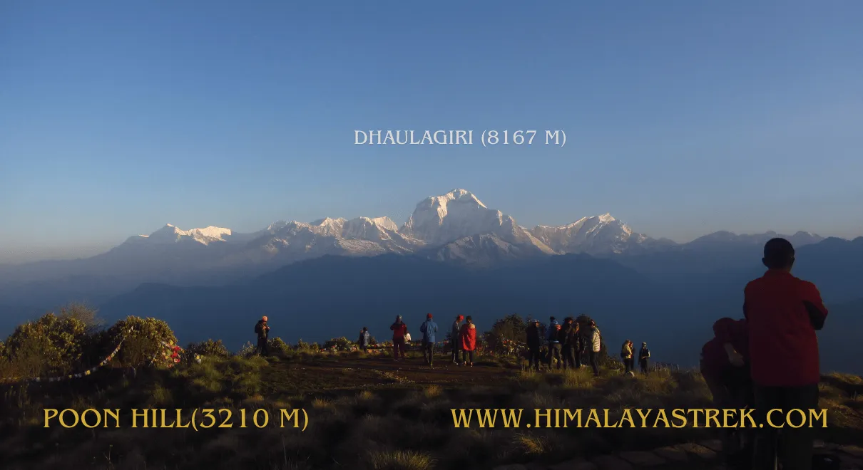 Panoramic sunrise view from Poon Hill in Ghorepani Nepal showing Himalayan peaks