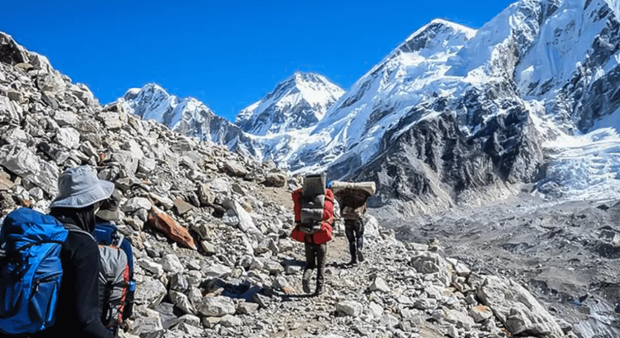 Trekkers enjoying spring landscapes on the Everest Base Camp trail