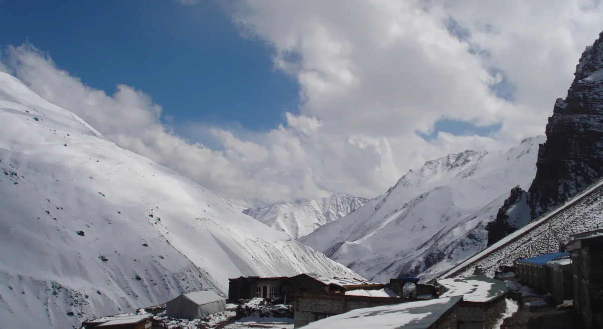 Annapurna Circuit trek panoramic view of snow-capped Himalayan mountains in Nepal