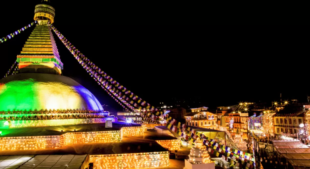 Buddha Jayanti celebrations at Lumbini birthplace with pilgrims and prayer flags