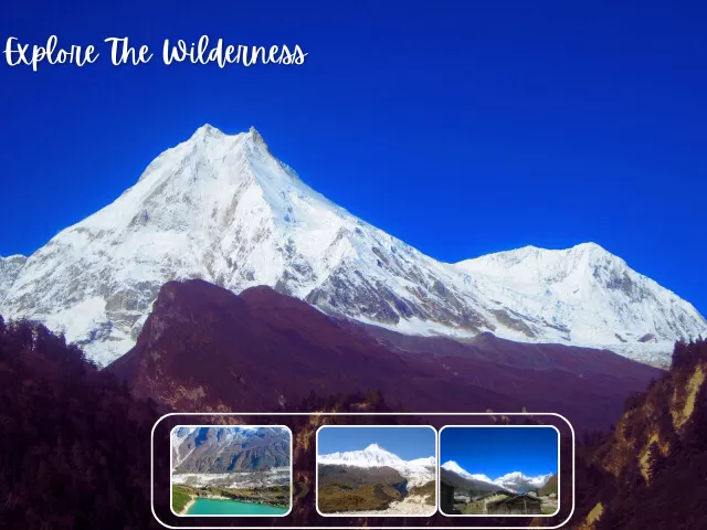 Majestic Mount Manaslu view from Samagaun village with clear skies and traditional stone houses in the background.