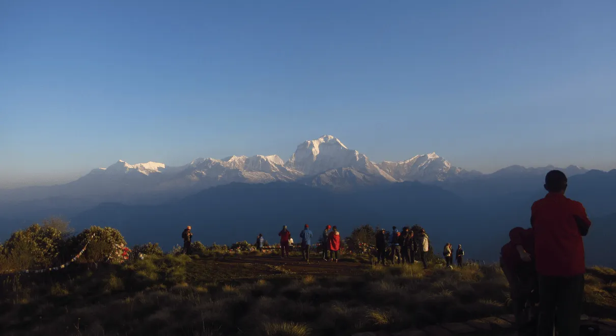Sunrise view from Poon Hill in December with snow-covered Annapurna range